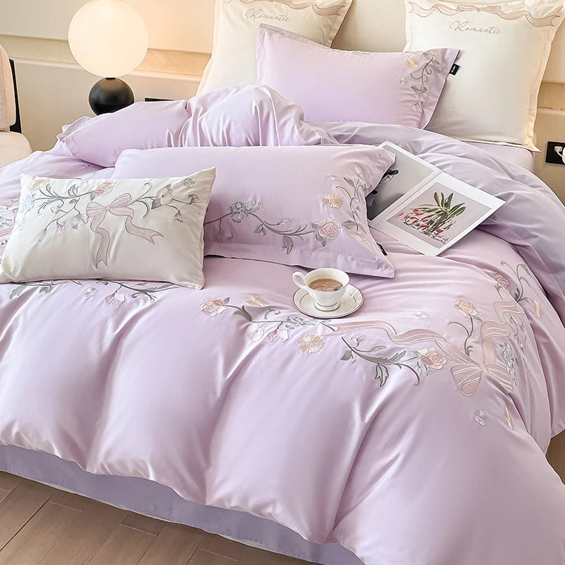 100% Cotton Bed Linen 4 Pcs Embroidered Comforter Bedding Set Couple Duvet Quilt Cover Double Sheets Set and Pillow Case Luxury