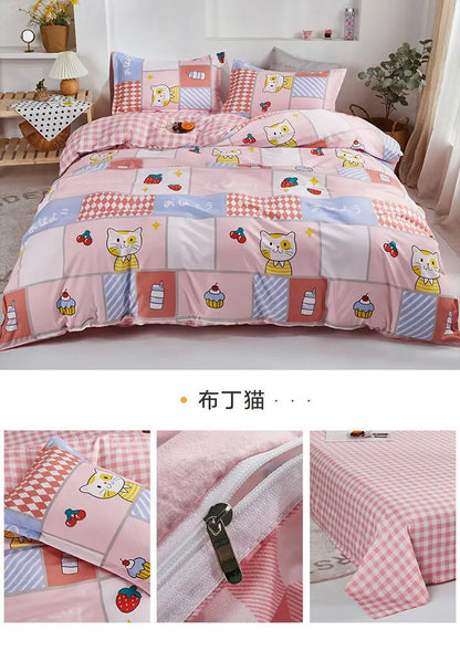 Sanrio Hello Kitty Cotton Bedding Set Cute Double Flat Sheet Duvet Cover Pillowcase Bed Linens Girl Dorm Bedclothes Home Textile