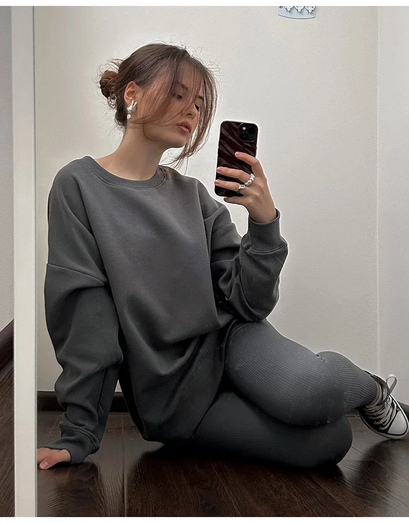 Autumn Oversized Sweatshirts Women Cotton Loose Pullovers Red Round Neck Sweatshirt For Women Oversize Tops For Couples 2024