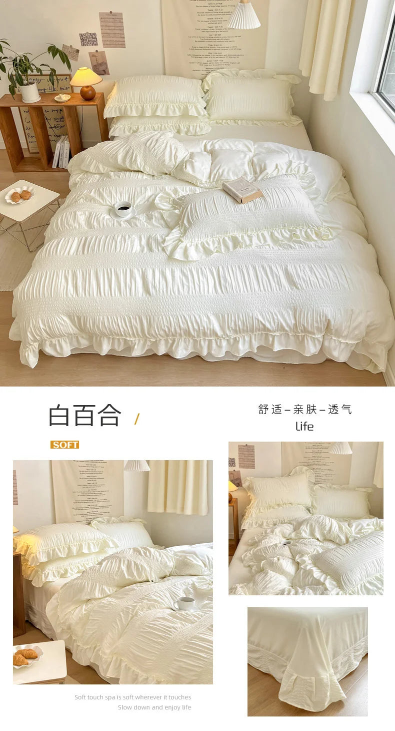 Ins Style Korean Bedding Set Lace Seersucker 4-piece Bed Sheet Set Quilt Cover Solid Duvet Cover For Girl Spring Decor Home