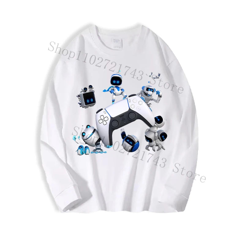 Astro Bot Adult Long Sleeved T-shirt Anime Fashion Black White Top Men Women Winter Travel Hip Hop Clothing Versatile Undershirt