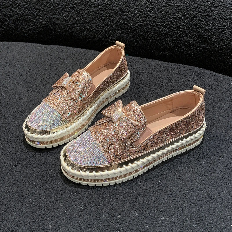 Fashion Women Shoes Shining Rhinestone Loafer Bowknot Slip-on Thick Botton Casual Ladies Crystal Female Platform Sneakers Sports