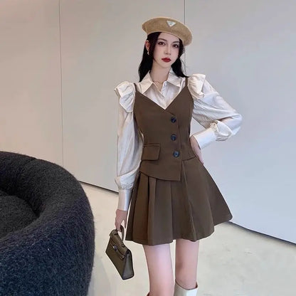 2024 Spring Autumn Women's Clothing Matching Sets Englad Style Retro Button Sling Suits Mini Dress Shirts Two Piece Outfits