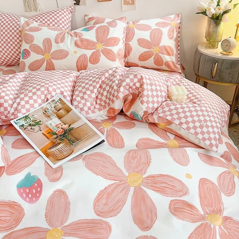 Ins Pink Flowers Bedding Set Fashion Flat Sheet Duvet Cover No Filling Pillowcase Twin Full Queen Nordic Boy Girl Bed Linen