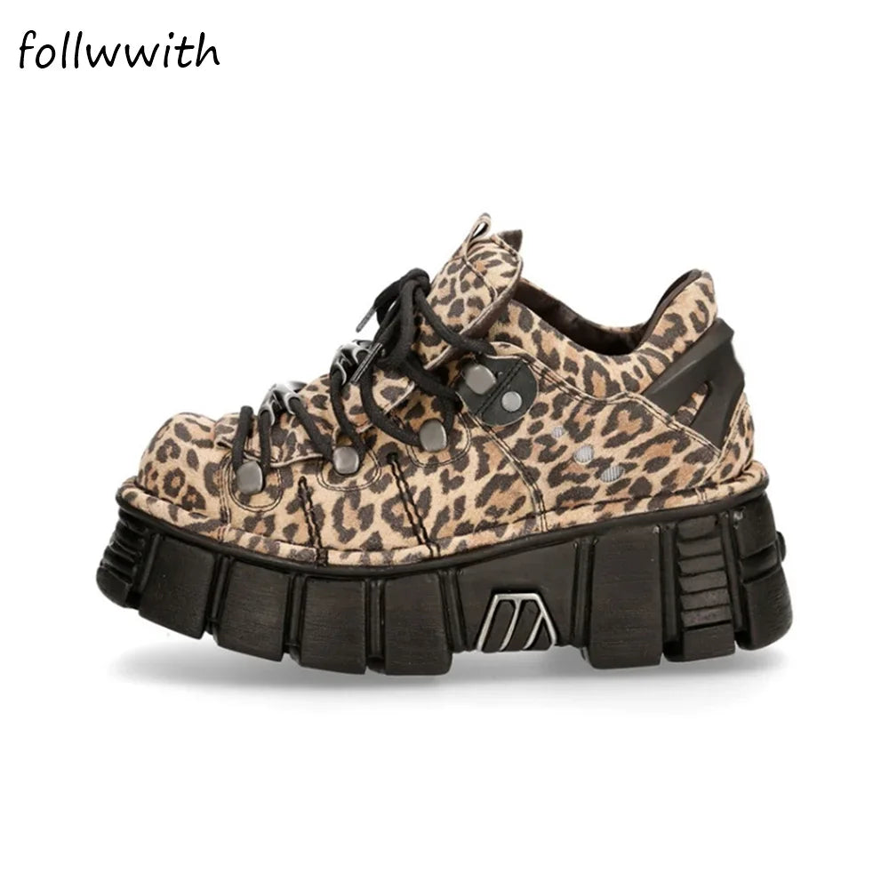 Leopard Metal Buckle Lace Up Casual Shoes Women Round Toe 5cm Platform Punk Shoes 2024 Spring Autumn Newest Fashion Shoes