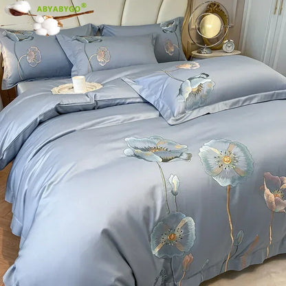 Egyptian Cotton Bedding Set Luxury Embroidery Double Duvet Cover Pure Cotton Flat or Fitted Bed Sheets and Pillowcases Bed Set