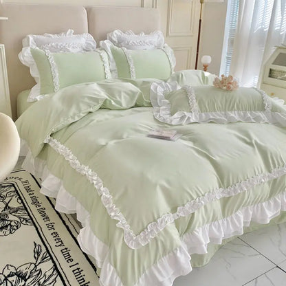 Korean Ins Bedding Set, Luxury Quilt Cover, Pillowcase Flat Bed Sheets, Simple Girl Princess Ruffle Home Textiles