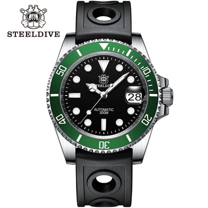 ساعة غوص أوتوماتيكية STEELDIVE SD1953 بمينا سوداء وإطار سيراميك أخضر وزجاج ياقوت NH35 مقاومة للماء حتى عمق 300 متر للرجال