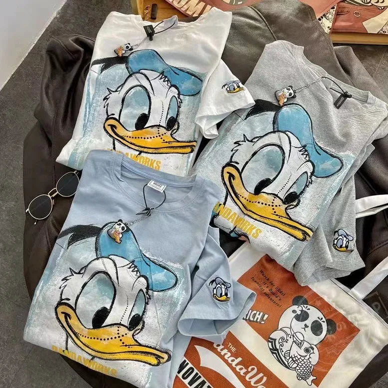 Cotton back collar summer new cartoon anime Donald Duck print round neck short sleeved T-shirt for men and women loose fit