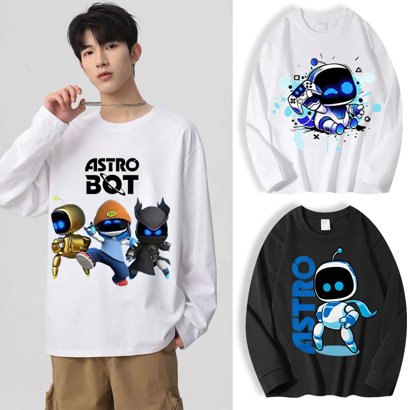 Astro Bot Adult Long Sleeved T-shirt Anime Fashion Black White Top Men Women Winter Travel Hip Hop Clothing Versatile Undershirt