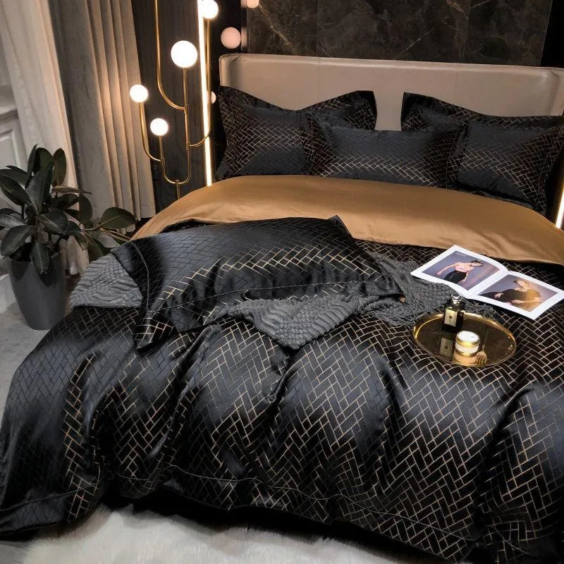 4/6Pcs Luxury Black Gold Yarndyed Jacquard Egyptian Cotton Smooth Duvet Cover Cal King Bedding Set Flat/Fitted Sheet Pillowcases