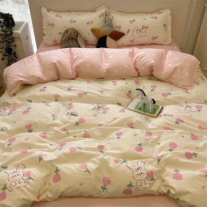 Fashion Style Pink Black Bedding Set Soft Floral Duvet Cover Pillowcase Bed Flat Sheet Set for Girl Full Queen Twin Bed Linen