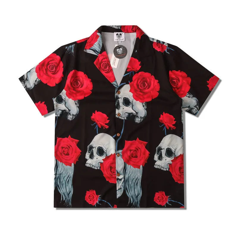 Stylish Flame Skull Printed Hawaiian Shirt Men 2024 Summer New Short Sleeve Beach Shirts Mens Holiday Party Oversized Clothing