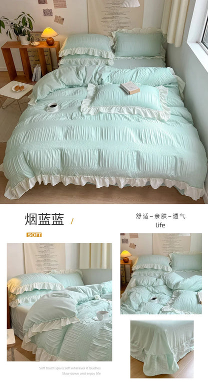 Ins Style Korean Bedding Set Lace Seersucker 4-piece Bed Sheet Set Quilt Cover Solid Duvet Cover For Girl Spring Decor Home