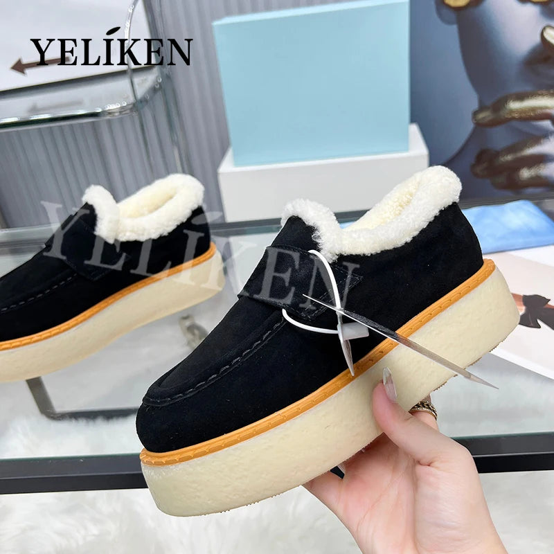 2024 Winter Trend Woman Wool Chunky Casual Shoes Ladies Lace-up Platform Cotton Shoes Slip-On Cow Suede Women Shoes Large Size