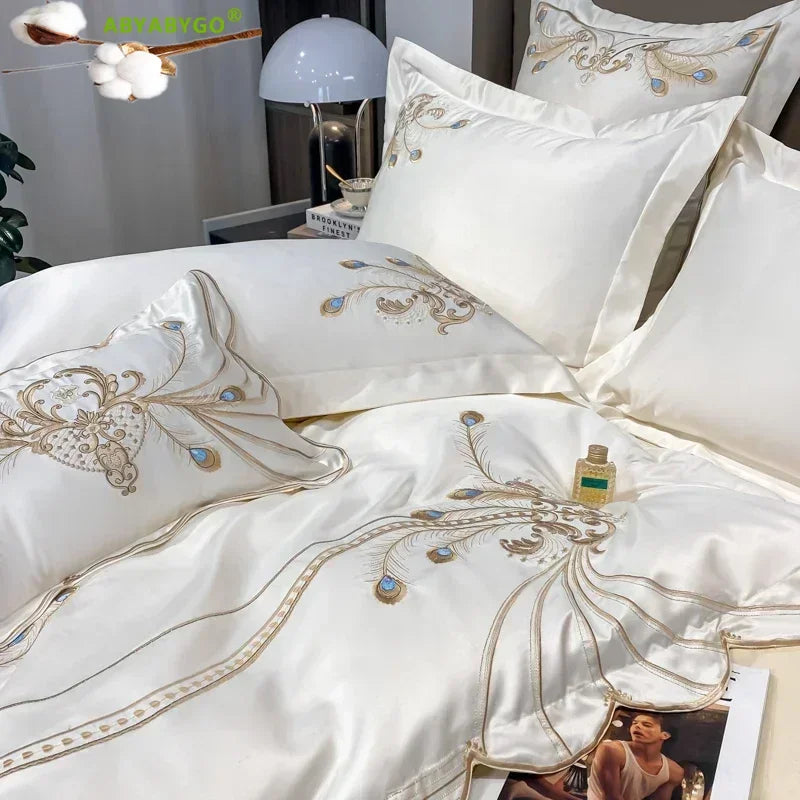 Nordic Bedding Set Luxury Gold Feather Embroidery 100 Egyptian Cotton Double Duvet Cover Bed Sheets and Pillowcases Bed Set