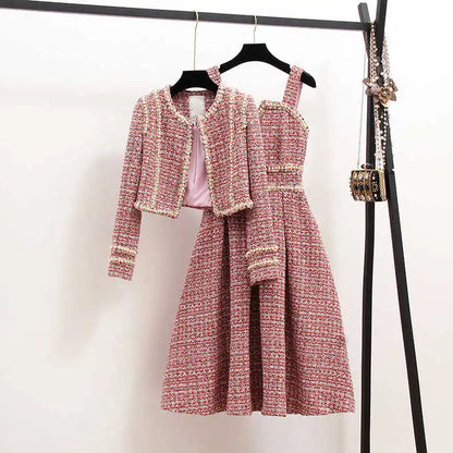 Women Elegant Tweed Luxury Suit Pearl Jacke Coat And Dress Two Piece Set Matching Outfit Winter Jacquard Pink Party Clothing