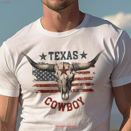 Texas Cowboy Longhorn T Shirt Bull Skull US Flag Wild West Vintage Retro Western Country for Men 497APT2