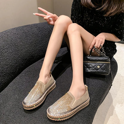 2025 New High Quality Women's Water Diamond Casual Shoes Shiny Flat Vulcanized Shoes Luxury Designer Thick Bottom Casual Shoes