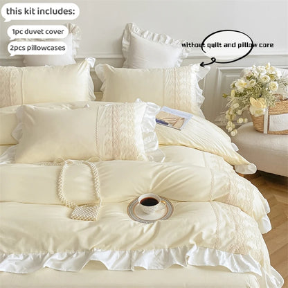 3pcs Princess style pillowcase set, duvet cover set with pillowcases, Lace bedding set, king and double, beige