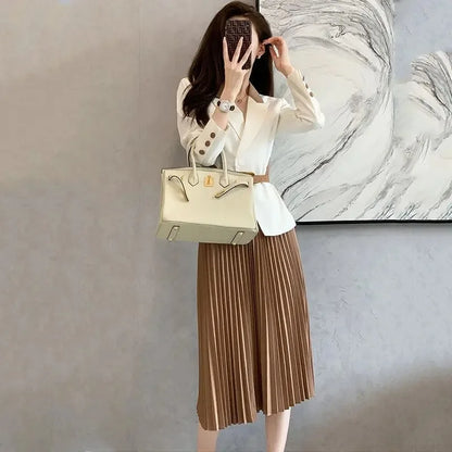 Pleated Skirt 2 Pieces Sets for Women Office Woman Outfit Midi Suits Jacket Y2k Streetwear Summer Clothes 2024 Stylish Korea