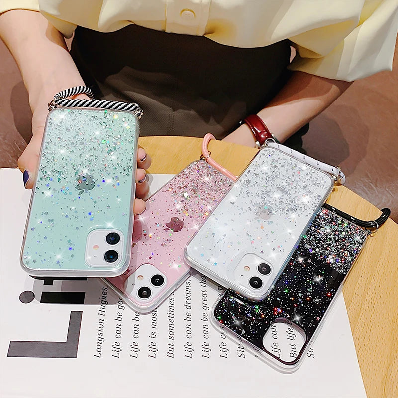 With Neck Strap Rope Cord Clear Glitter Case for iphone 11 12 13 14 15 pro max se 2 2020 2022 Crossbody Lanyard Cover Fundas