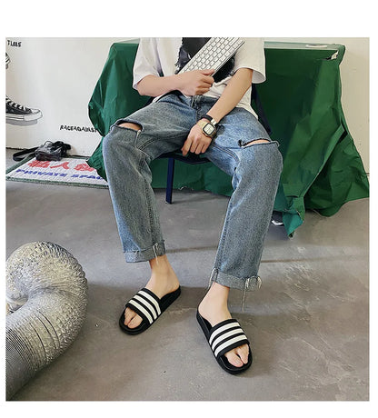 2023 Wear-Resistant Slippers Men Women Summer Outdoors Indoor Fashion Stripes Couples Wear Sandals Non-Slip Bathroom Beach Shoes