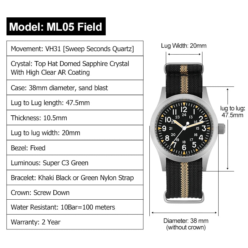 Militado ML05 Vintage Quartz Watch AR Sapphire Crystal Luminous VH31 Movement Watches 38mm Stainless Steel Men Wristwatch