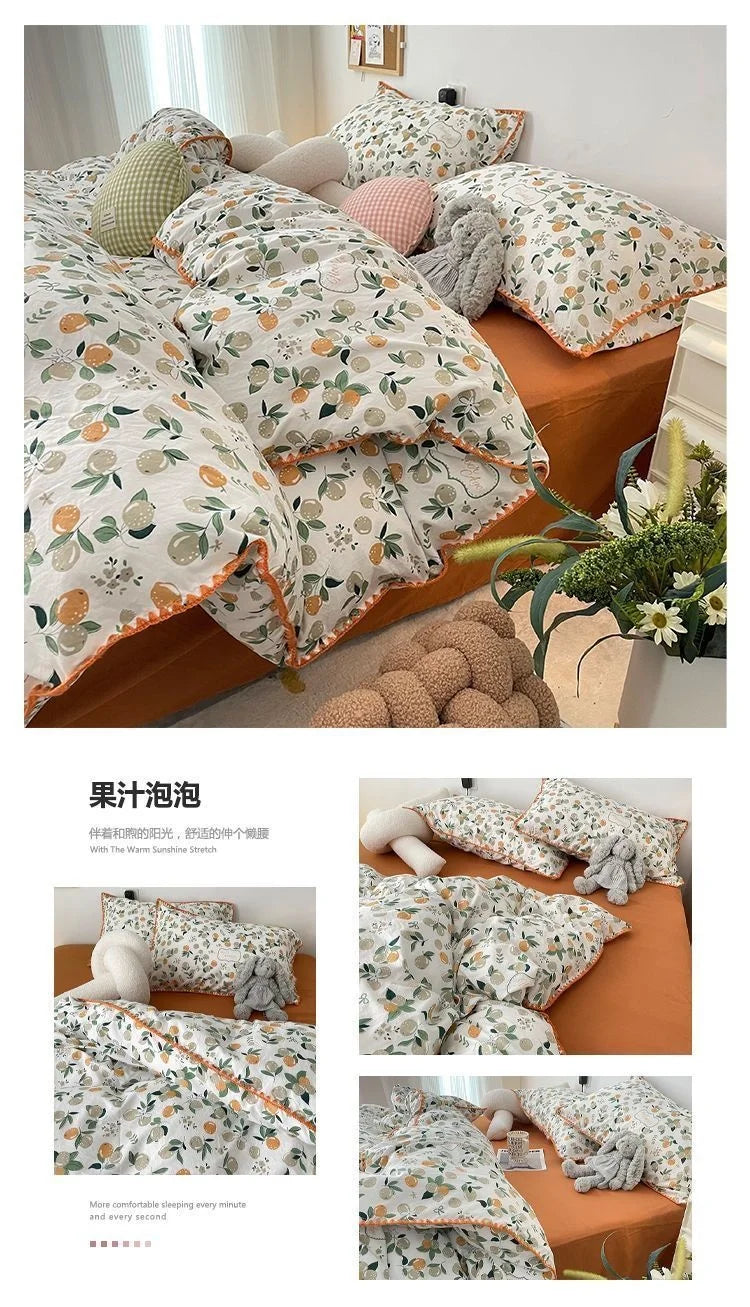 Bedding Set INS Girls Cherry  Soft Washed Cotton Bed Sheet Queen King Size Duvet Set  Comforter Set Pillowcase Bed Linens