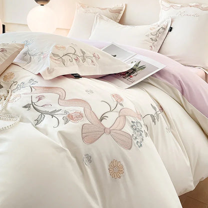 100% Cotton Bed Linen 4 Pcs Embroidered Comforter Bedding Set Couple Duvet Quilt Cover Double Sheets Set and Pillow Case Luxury