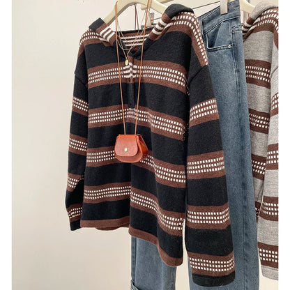 Plus Size Women's Clothing 2024 Autumn and Winter New Fashion Lazy Knit Sweater Chubby Girl Striped Hooded Sweater Jacket Coat