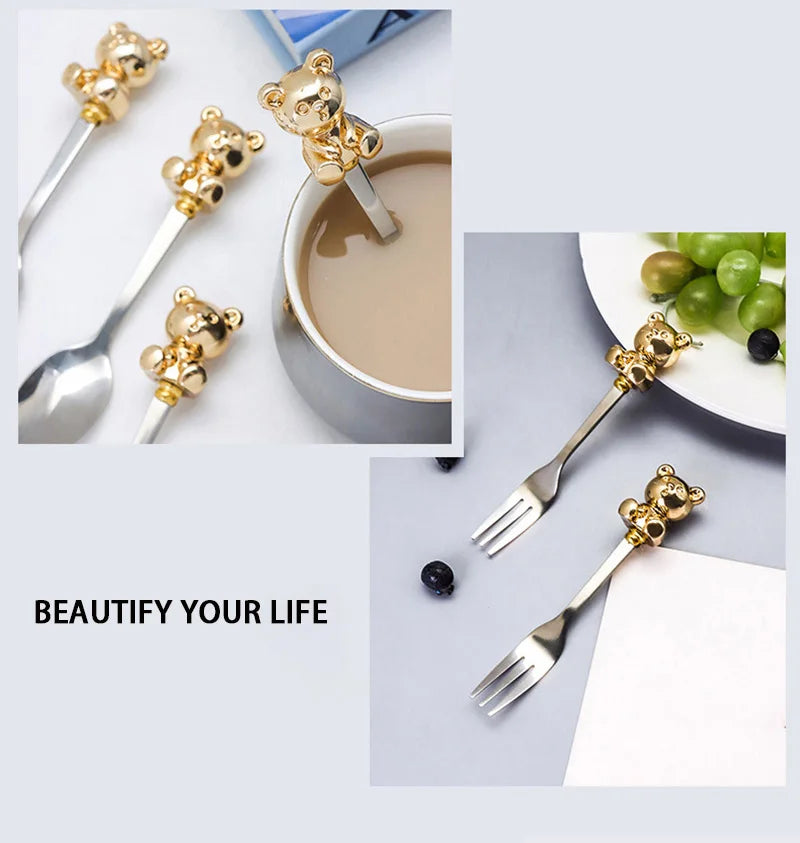 Korean Style Bear Coffee Dessert Spoon Fork 304 Stainless Steel Coffee Stirring Tea Dessert Scoop Cute Cartoon Bear Dinner Spoon