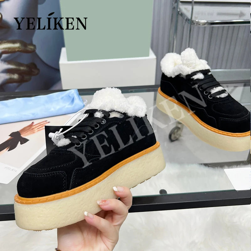 2024 Winter Trend Woman Wool Chunky Casual Shoes Ladies Lace-up Platform Cotton Shoes Slip-On Cow Suede Women Shoes Large Size