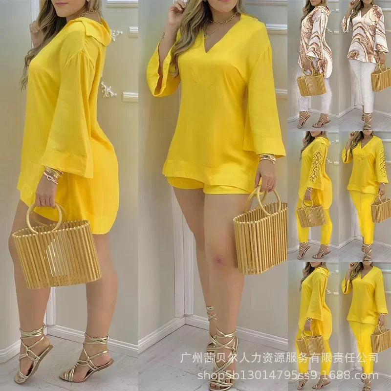 Women New 2pcs Clothes Set Long Sleeve V Neck Blouse Top High Waist Solid Color Shorts Pants Clothing Suit