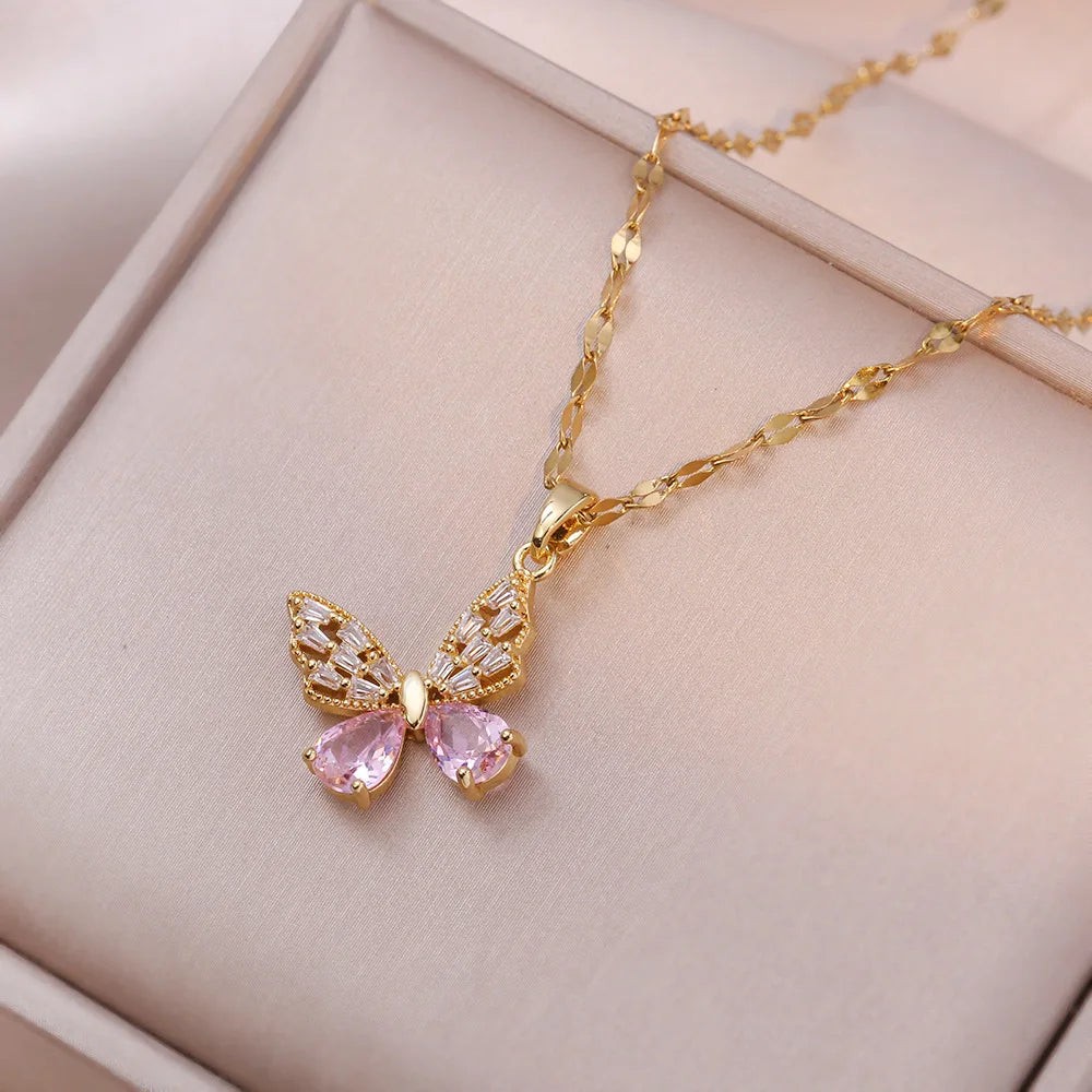 Colorful Zircon Butterfly Pendant Necklaces for Women Girls Stainless Steel Trendy Romantic Jewelry Accessories Gifts