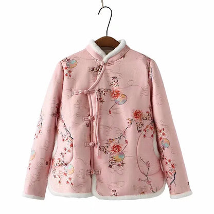 Plus Size Women's Clothing Winter Coat Warm Jacket With Chinese Style Flowers Design Thickened Coat With Cotton And Plush Inside