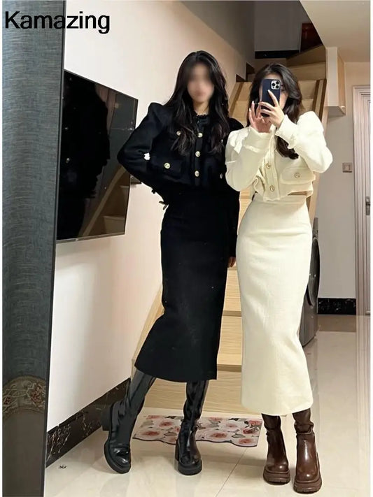 Korean Fashion Elegant Two-piece Skirt Sets Women Crop Jacket Coat Bodycon Midi Skirt Autumn Winter New Female Luxury Outfits