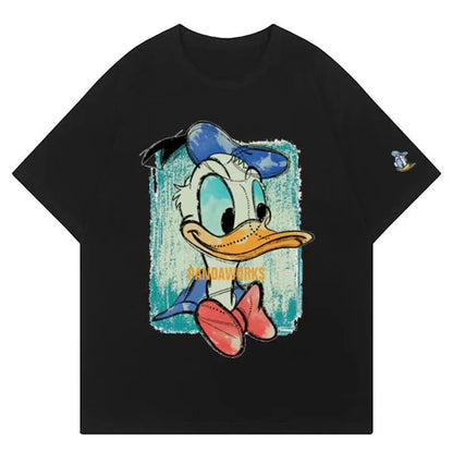 Cotton back collar summer new cartoon anime Donald Duck print round neck short sleeved T-shirt for men and women loose fit