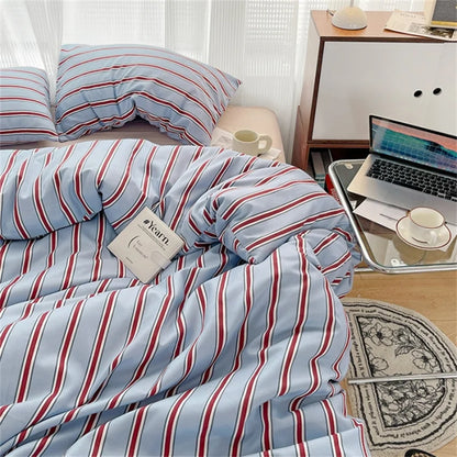 Pure Cotton Home Textile Blue Striped Bedding Set Simple Soft Duvet Cover Sheet Pillowcase Ins Style Bed Linens Queen King Size