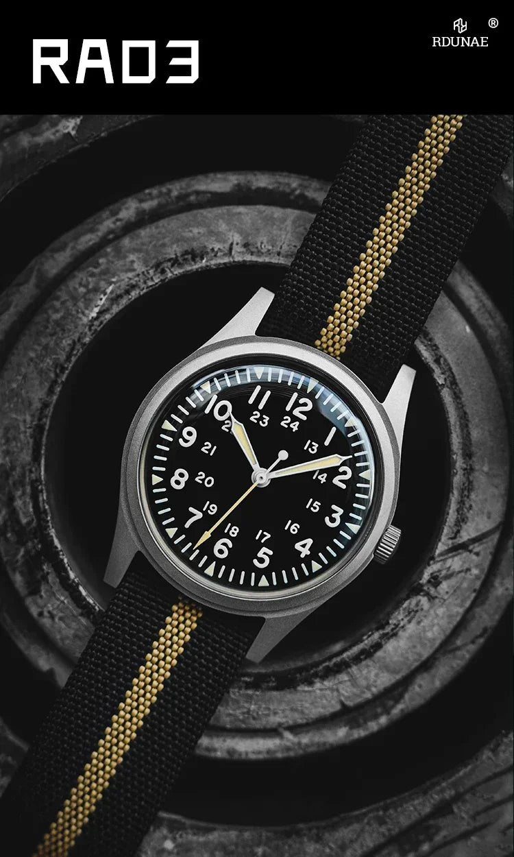 RDUNAE RA03 G10 34.5mm Retro Military Watch 316L Stainless Steel K1 Mineral Glass Luminous Sports Quartz Men Pilot Watch Men