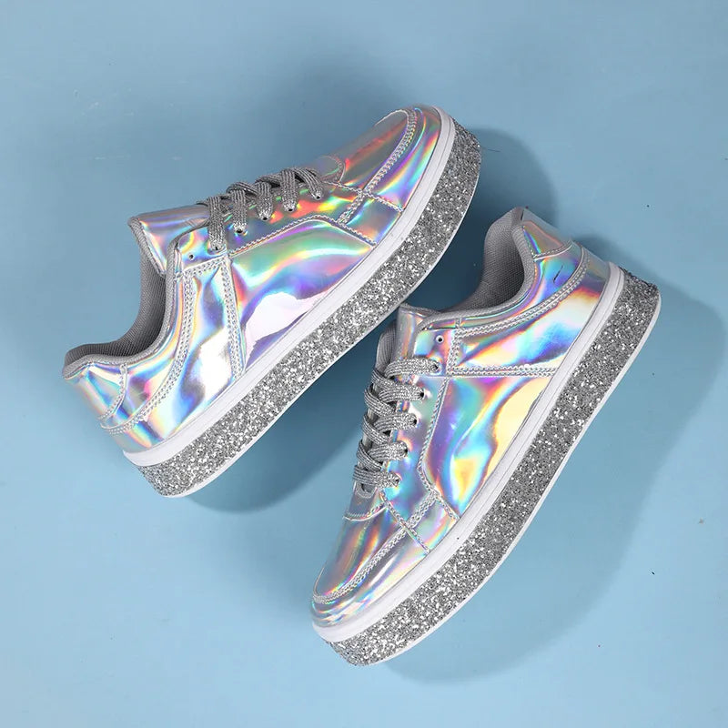 Women's Platform Sneakers Punk Sequin Laser Leather Casual Shoes City Walk Thick Sole Sports Shoes Spangle Nightclub Party Shoes