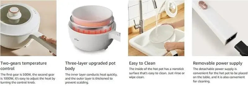 Bear Hot Pot Electric, 2L Multifunctional Portable Pot for Cooking, 1000W Rapid Noodles Electric Pot, Non-Stick Frying Pans