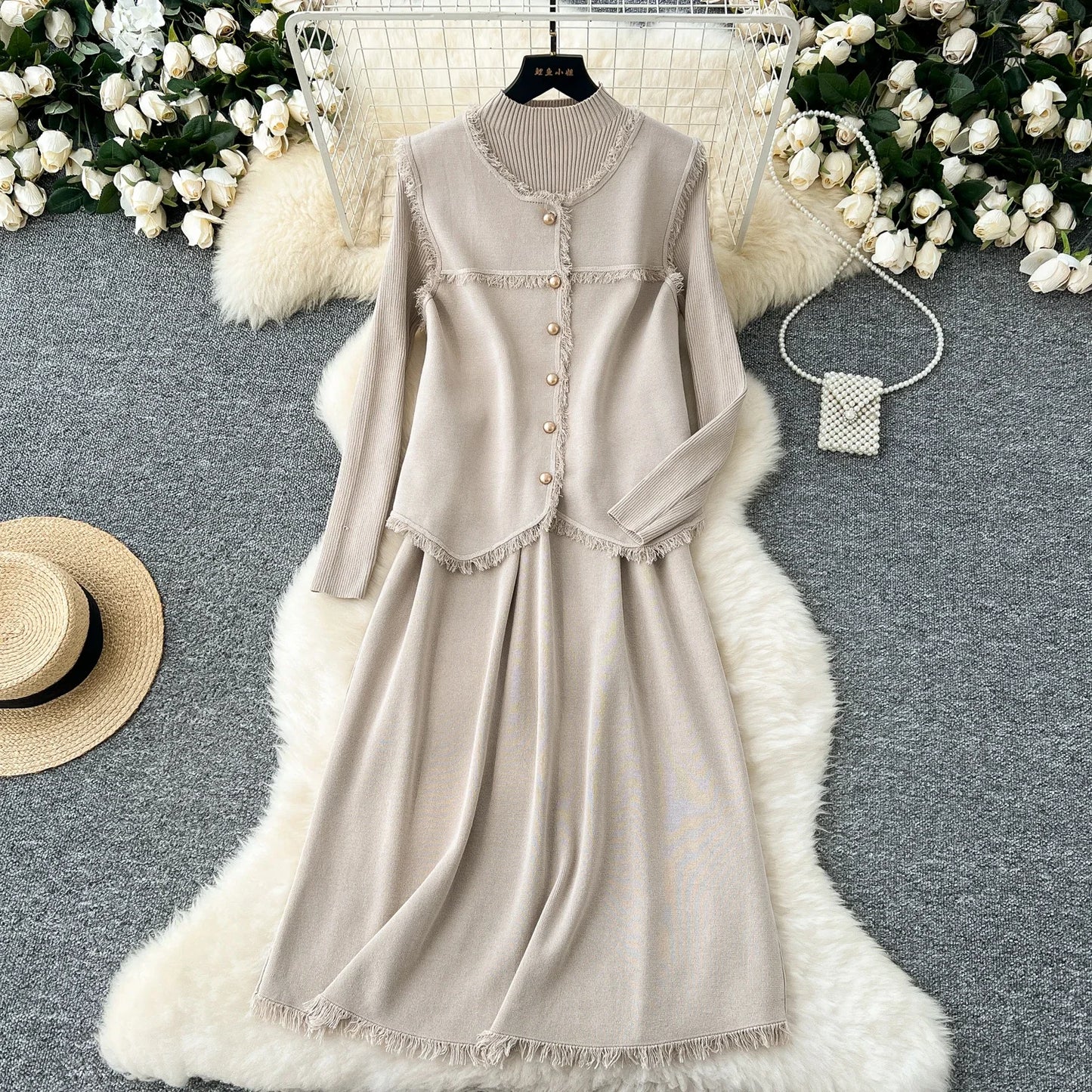 Chic Women Two-Piece Sets Basics O-neck Single Breasted Vest and Slim Long Sleeve Knit Dress French High Street Winter Clothing