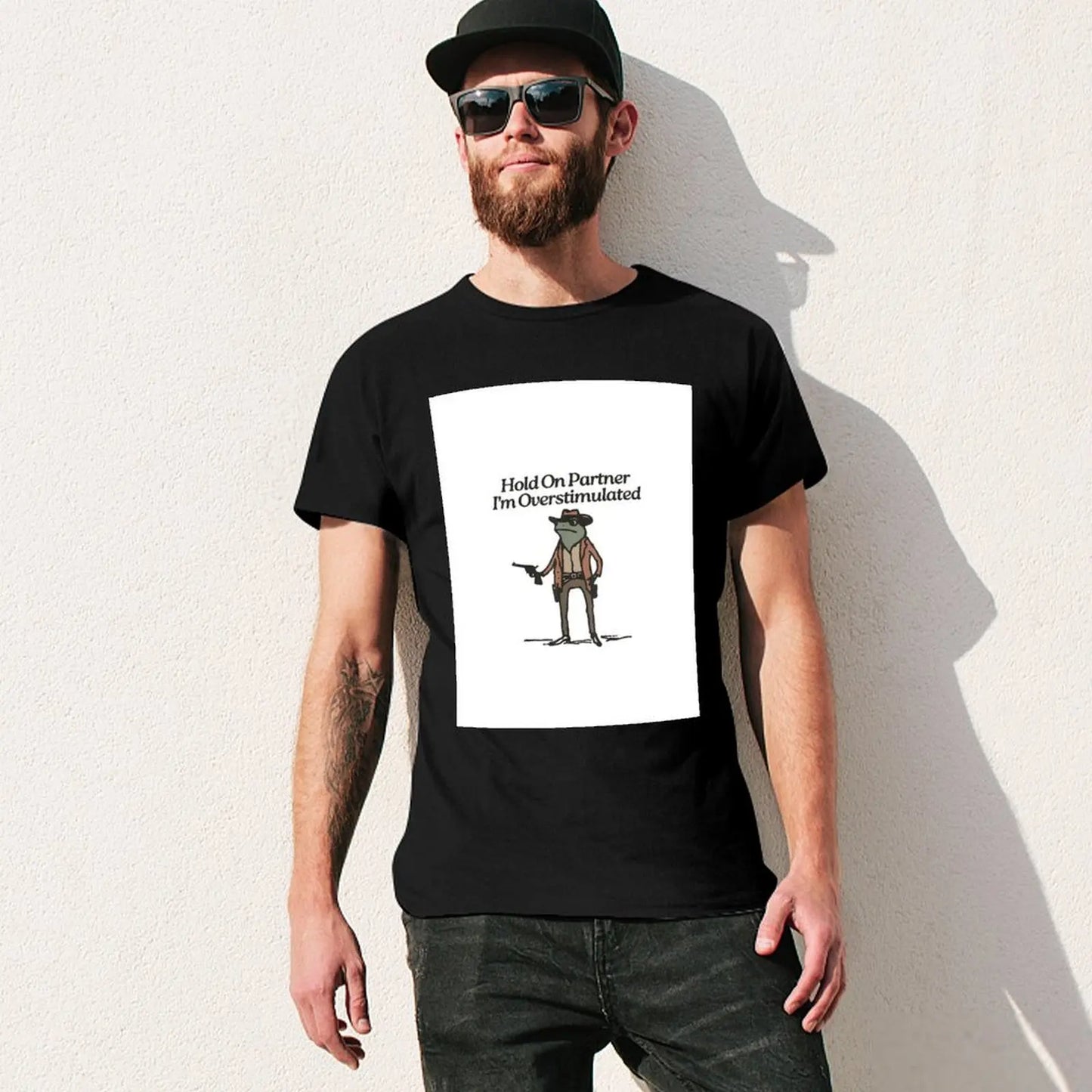 Hold On Partner I'm Overstimulated Western Frog Cowboy T-Shirt street wear outfits for men