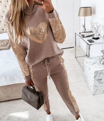 Female Two-Piece High Quality 2023 Autumn Fashion New Women's Khaki Love Sequin Top Casual Drawstring Pants Suit Lady Set Daily