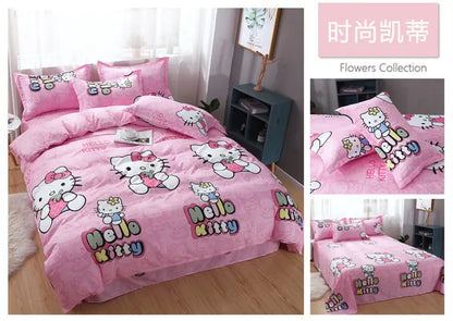 Sanrio Hello Kitty Cotton Bedding Set Cute Double Flat Sheet Duvet Cover Pillowcase Bed Linens Girl Dorm Bedclothes Home Textile