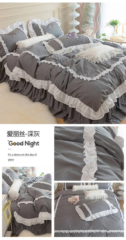 Korean Ins Bedding Set, Luxury Quilt Cover, Pillowcase Flat Bed Sheets, Simple Girl Princess Ruffle Home Textiles