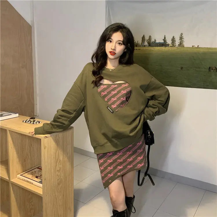 Women Clothing 2022 Spring Autumn Women Fashionable Heart Hollow Out Long Sleeve Hoodie Dress Casual Sweet Women Two Piece Set