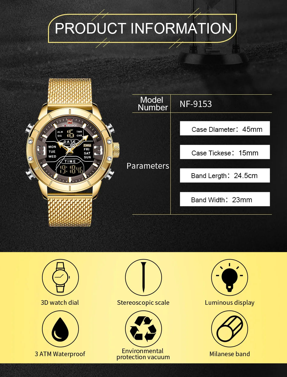 NAVIFORCE Dual Display Quartz Watch For Men Luxury Fashion Popular Waterproof Timing Network Steel Strip Mens Watch Reloj Hombre