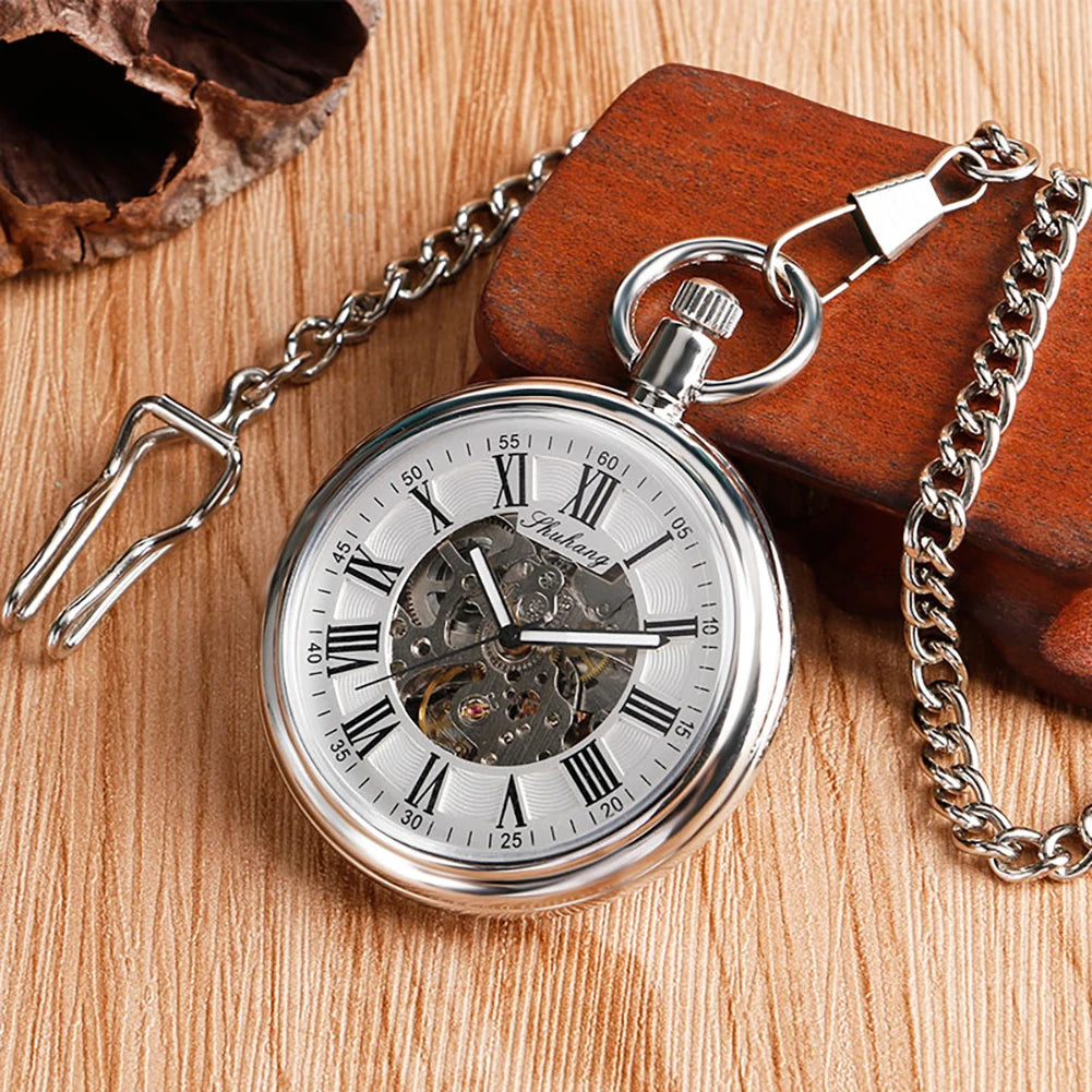 SHUHANG New Mechanic Watch 2017 Men Automatic Self Winding Pocket Watch Silver Simple Open Face Chain Pendant with Roman Number